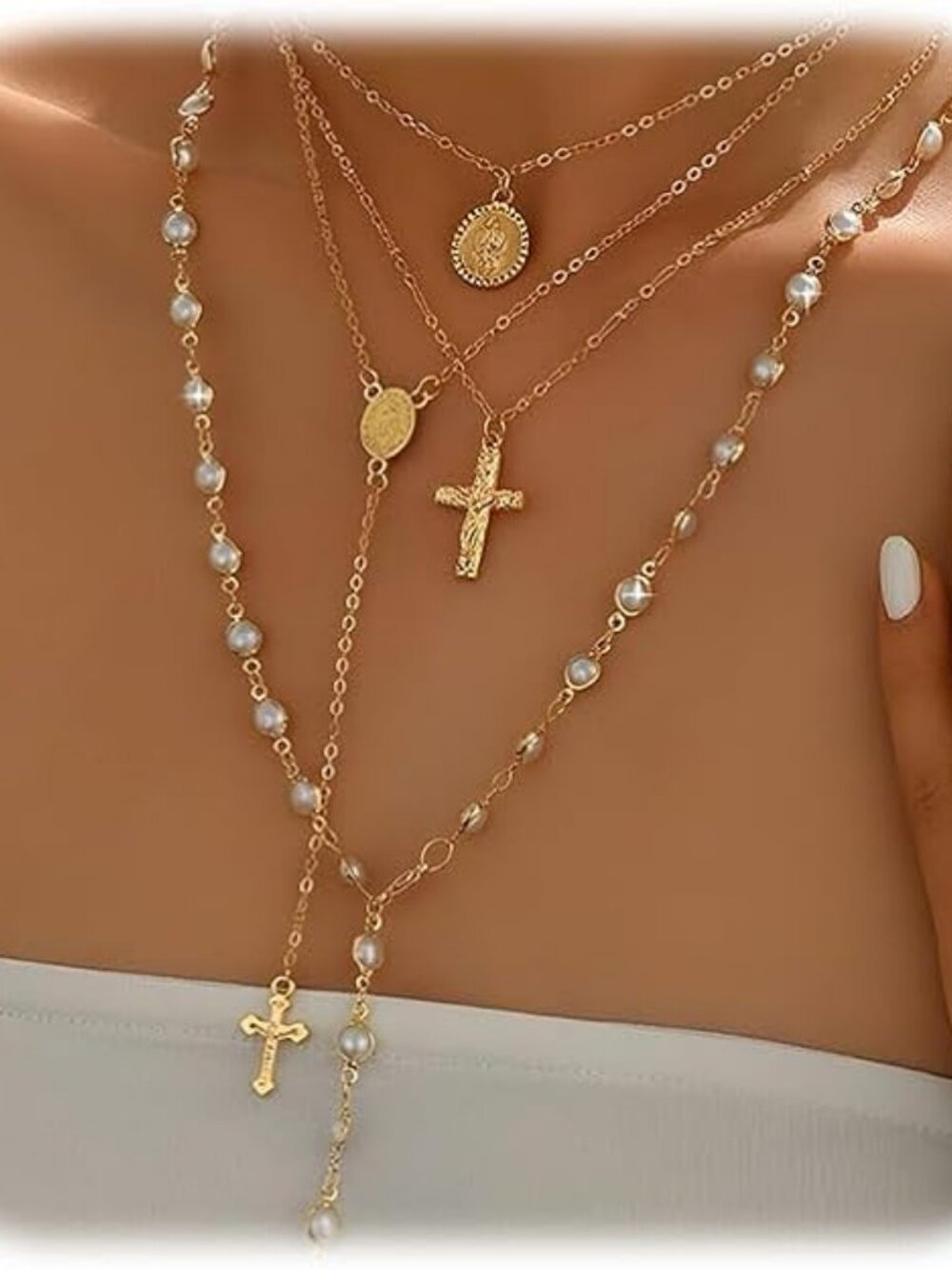 4PCS Layered Gold Cross Necklaces for Women Trendy, Bohemian Bead Pearl Y Long